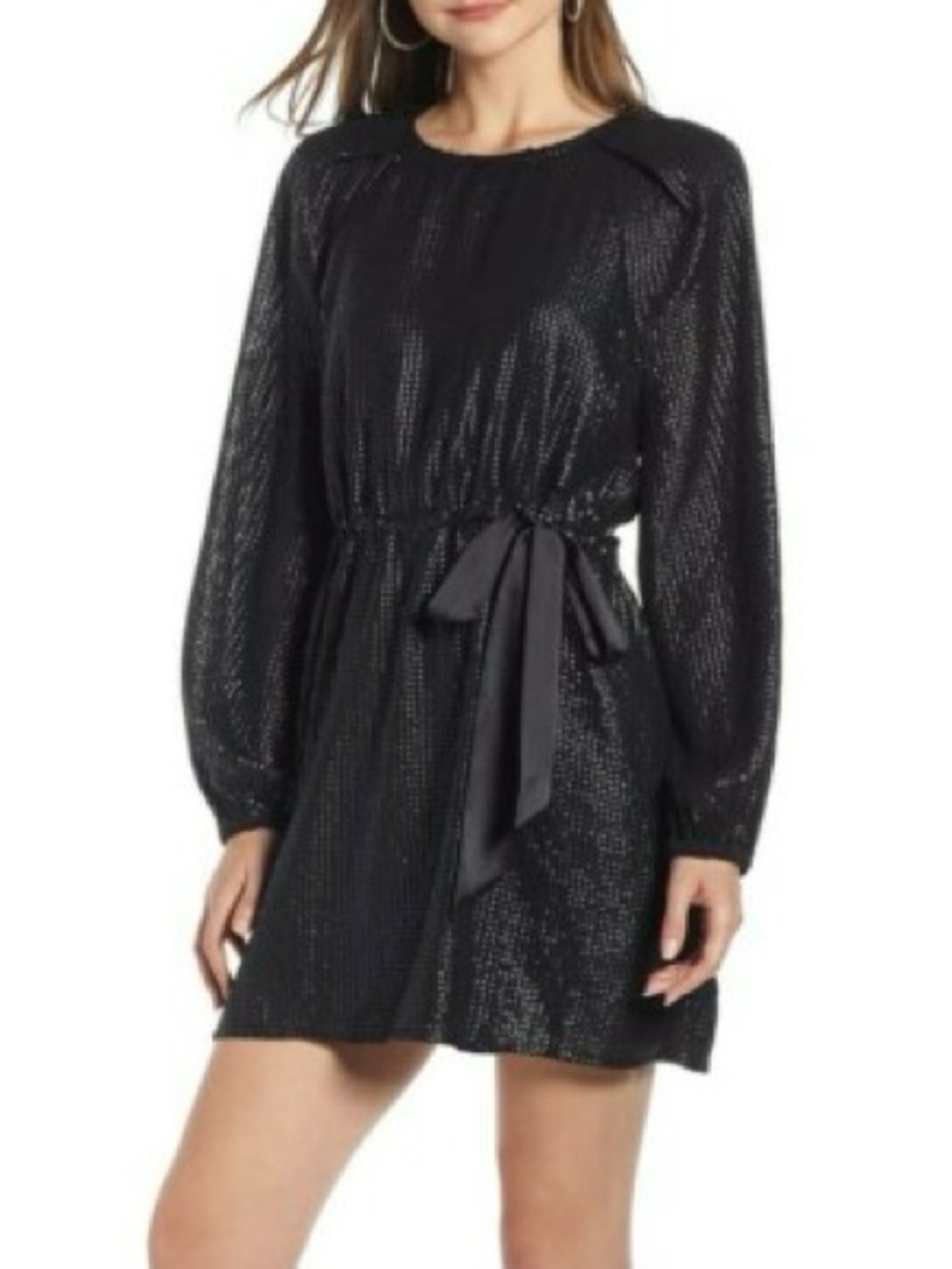 Something Navy Black Long-Sleeve Satin Tie-Waist Mini Dress